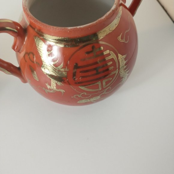 Ceramic Sugar Bowl & Creamer Rust/Gold Gilded Pottery Set Asian Oriental - Picture 3 of 10